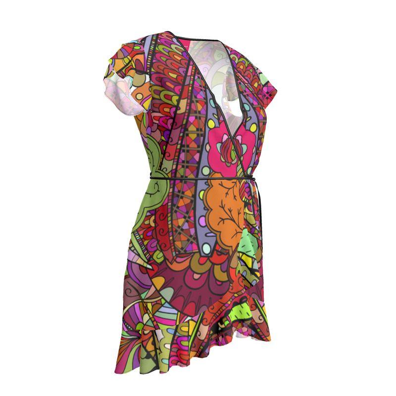 Betsu Flounce Wrap Dress - Bold Abstract  Multi-color Floral - Crepe or Pure Silk Satin