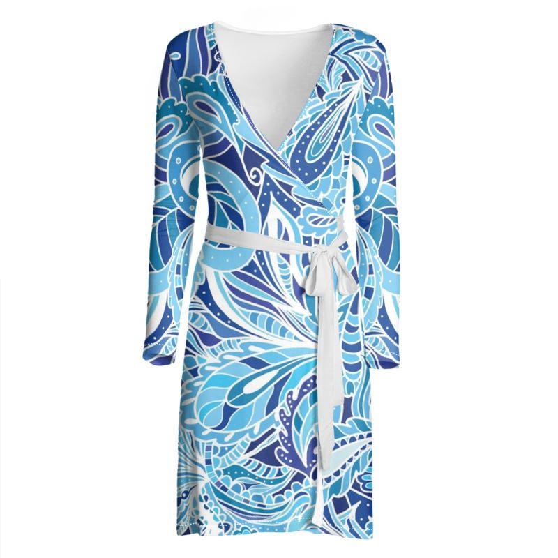 Aqui Jersey Wrap Dress - All Over Abstract Blue Floral Kaleidoscope Print 