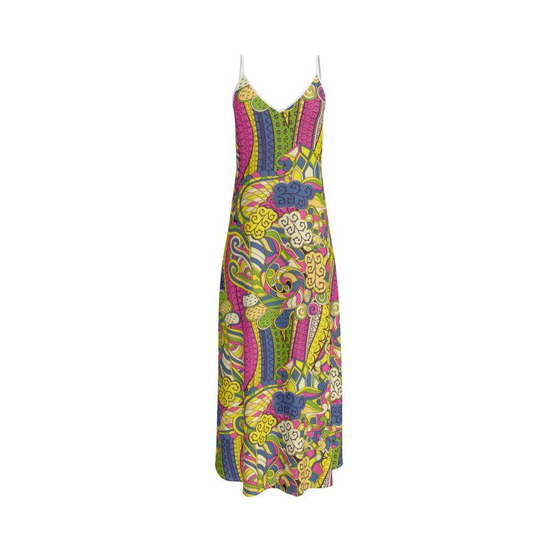 Suki Maxi Slip Dress - Blissfully Brand - Retro Boho whimsical florals Geometric Pink Green Yellow Swirls Psychedelic Bold V-neck Strap Spaghetti Backless Handmade Designer