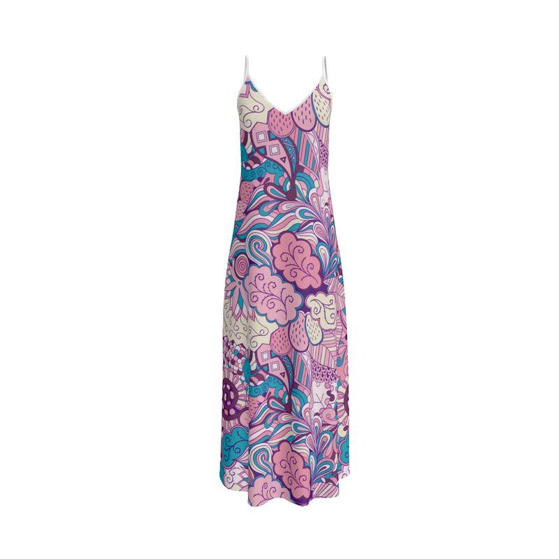 Antina Maxi Slip Dress - Psychedelic Pasiely Floral Print Violet Pink Retro Kaleidoscope Swirls Multicolor Statement Piece Bold Vibrant