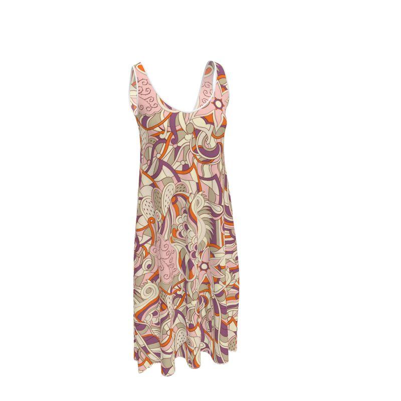 Amai Sleeveless Midi Crepe Dress - Allover Multicolor Abstract Geometric Print Pink Orange Violet