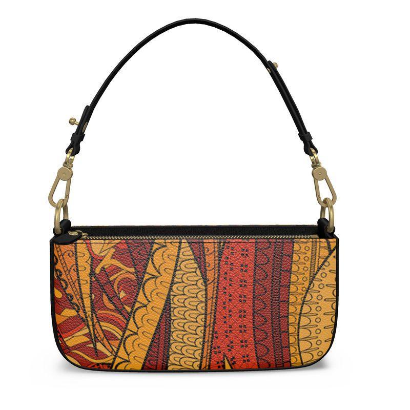 Ame Medium Leather Box Hand Bag | Shoulder Bag - Zip Closure - Abstract Psychedelic Retro Mandala Orange Print - Detachable Strap