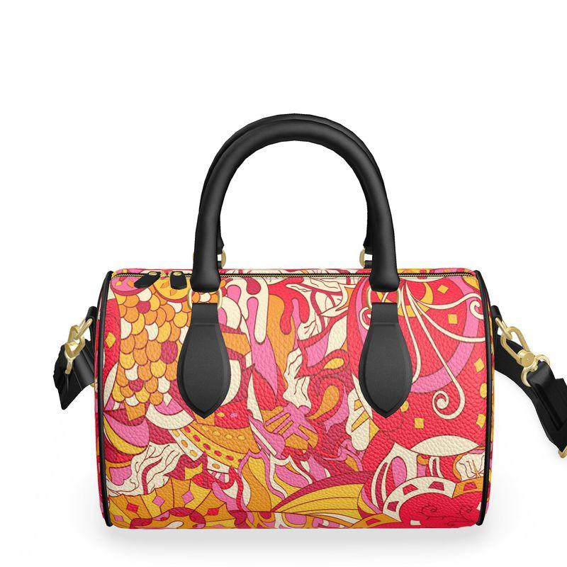 Decora Mini Leather Barrel Duffle Bag - All Over Print in Abstract Red & Orange