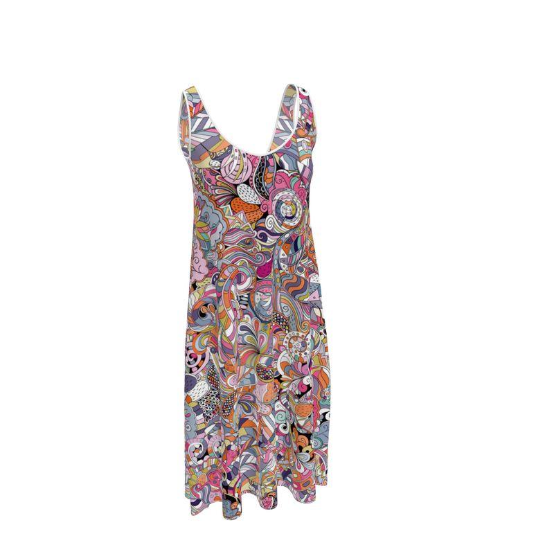 Kyuka Sleeveless Midi Crepe Dress - Abstract Retro Psychedelic All Over Print - Breezy Lightweight