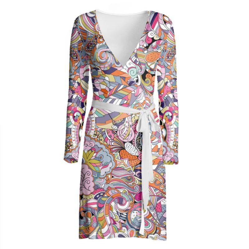 Kyuka Kimono Wrap Dress - Multicolor Kaleidoscope All Over Print - Psychedelic - Retro - Swirls - Paisley - Floral