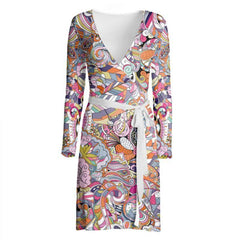 Kyuka Kimono Wrap Dress - Multicolor Kaleidoscope All Over Print - Psychedelic - Retro - Swirls - Paisley - Floral