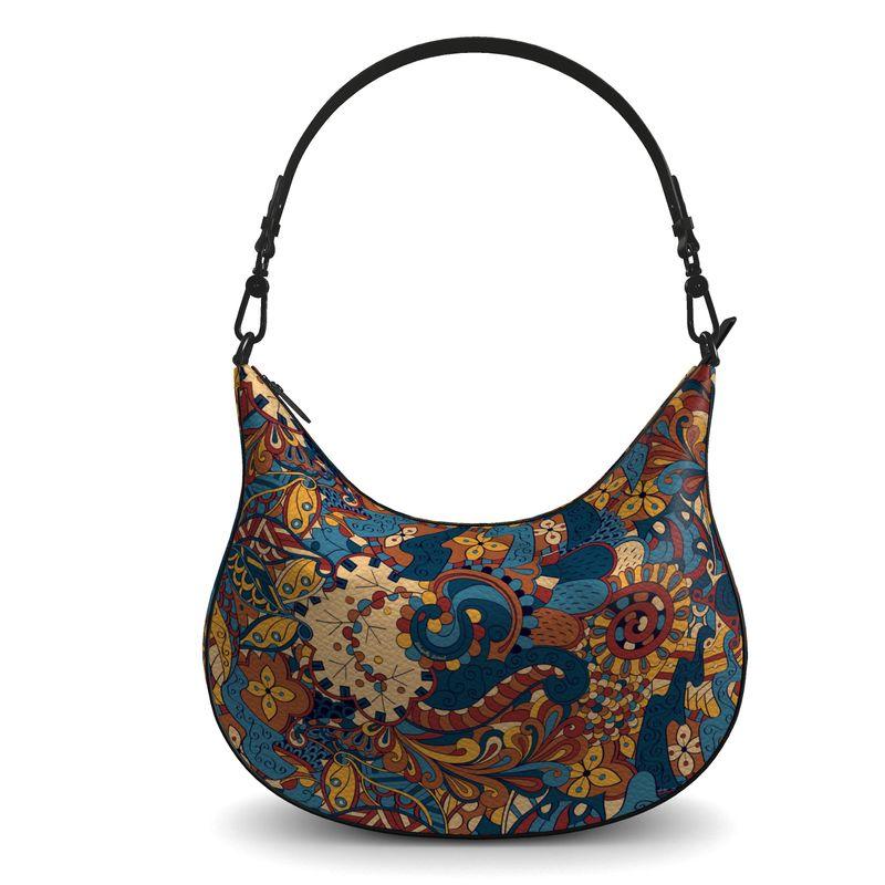 Kuri Large Curved Hobo Bag in Pebbled Leather - Abstract Paisley Floral Psychedelic Print