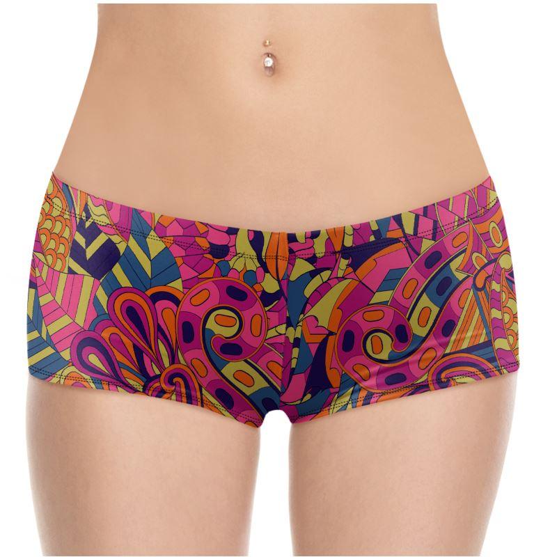 Lina Lycra Hot Pants - Mini - Kaleidoscope Abstract Geometric Print Orange Pink Blue Red Retro Funky Rave Vibrant Bold Workout Handmade