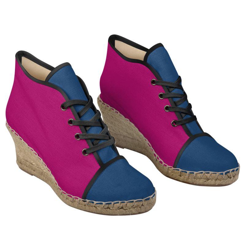 Lina Color Block Wedge Lace Up Espadrilles - Red Violet | Blue - Closed Toe