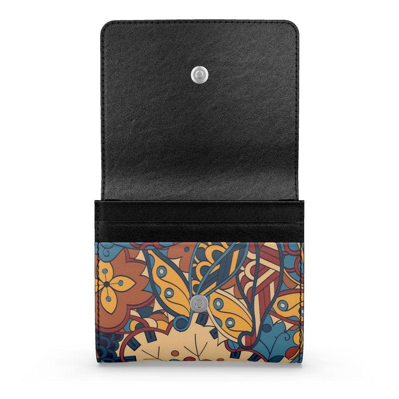 Kuri Nappa Handmade Leather Small Fold Over Wallet - Brown Blue Psychedelic Retro Swirl Abstract Paisley Print