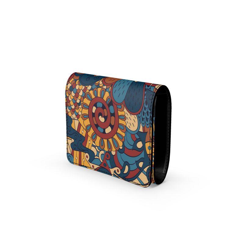 Kuri Nappa Handmade Leather Small Fold Over Wallet - Brown Blue Psychedelic Retro Swirl Abstract Paisley Print