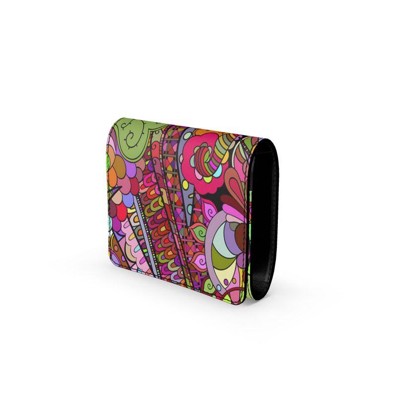 Betsu Leather Snap Fold Over Small Women's Wallet - Multicolor Abstract Paisley Print Psychedelic Retro Floral Handmade