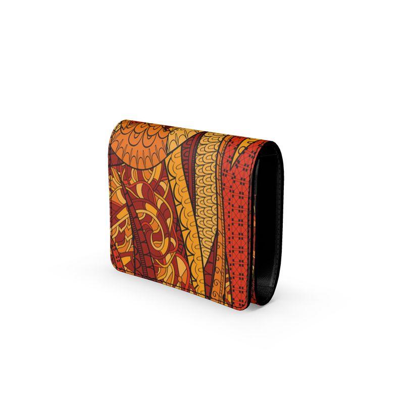 Ame Nappa Leather Snap Fold Over Women's Wallet - Multicolor  Psychedelic Kaleidoscope Abstract Print - Handmade - Orange Retro