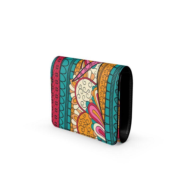 Taki Leather Fold Over Wallet - Abstract Paisley Print - Textured Pebble Smooth - Handmade - Women's