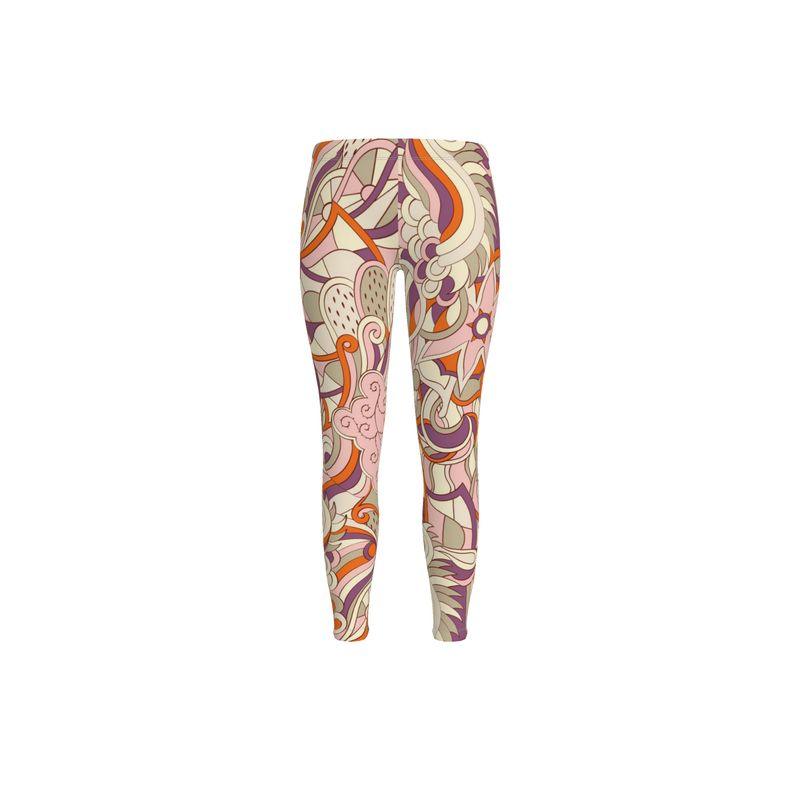 Amai LYCRA Spandex Leggings - Abstract Paisley Print Psychedelic Swirls Pink Orange 