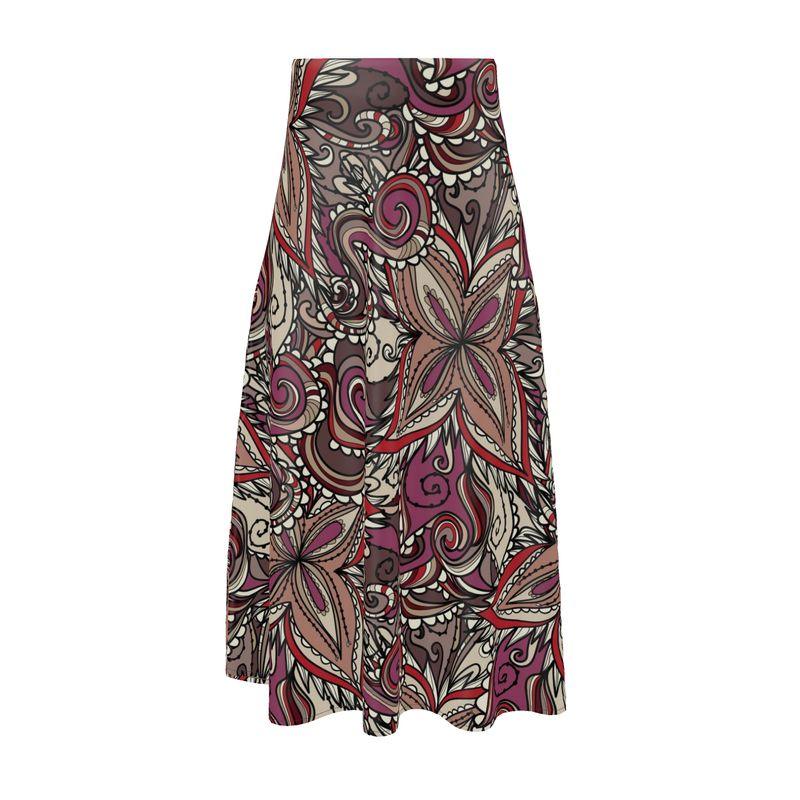 Unia Silk A-line Midi Skirt - Abstract Swirl Paisley Floral Multicolor Dark Retro Psychedelic Mandala Kaleidoscope Print - Brown Red - Handmade