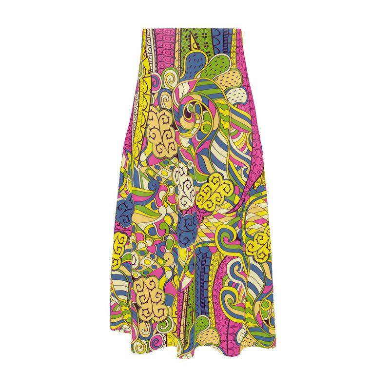 Suki Silk A-line Midi Skirt - Abstract Paisley Multicolor Retro Psychedelic Mandala Print - Pink Yellow Green - Handmade