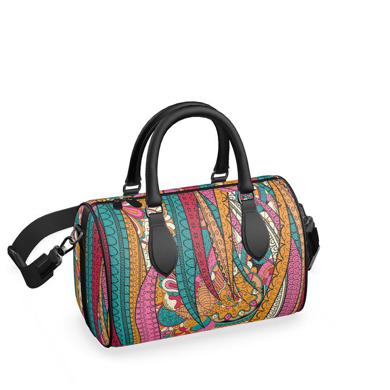 Taki Mini Textured Leather Barrel Duffle Hand & Shoulder Bag - Abstract Paisley Retro Multicolor Print - Handmade in England