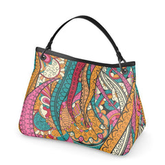 Taki Leather Slouch Handbag - Multicolor Abstract Paisley Psychedelic Retro Print - Handmade in England - Black Trim with Detachable Handle - Shoulder