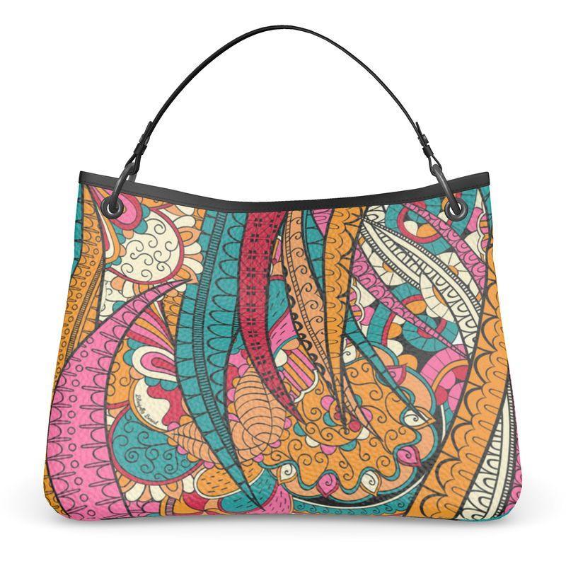 Taki Leather Slouch Handbag - Multicolor Abstract Paisley Psychedelic Retro Print - Handmade in England - Black Trim with Detachable Handle - Shoulder
