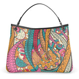 Taki Leather Slouch Handbag - Multicolor Abstract Paisley Psychedelic Retro Print - Handmade in England - Black Trim with Detachable Handle - Shoulder