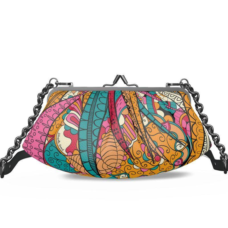Taki Small Pleated Crossbody Leather Clutch - Abstract Paisley Retro Psychedelic Print - Handmade in England - Chain Strap - Metal Frame