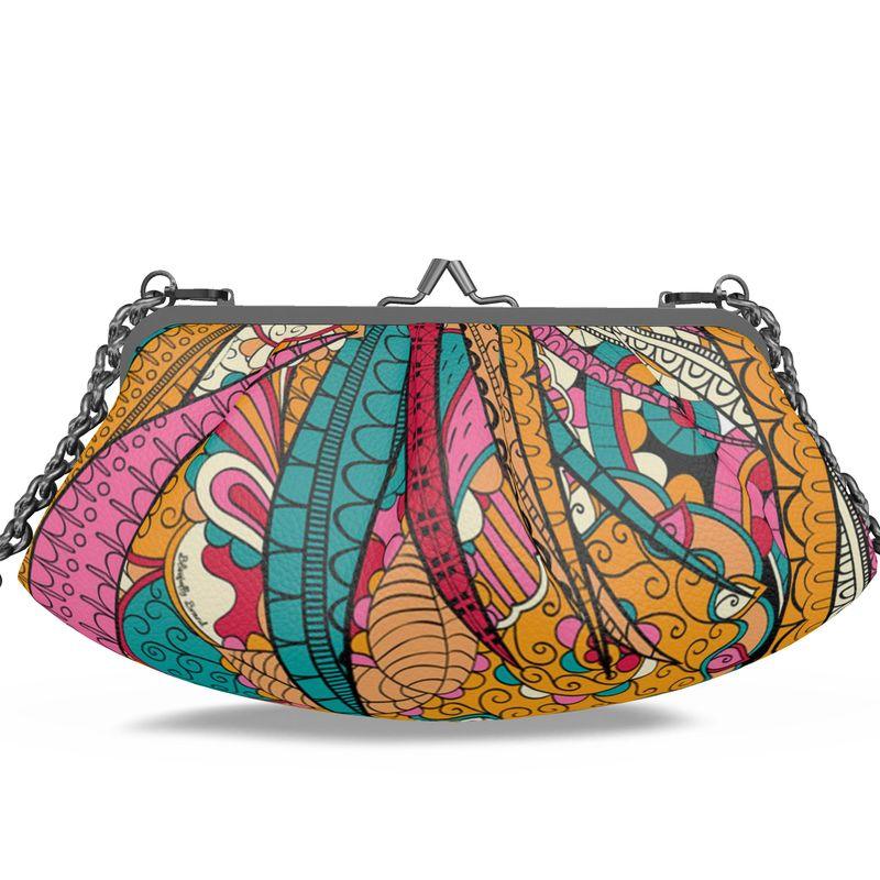 Taki Large Pleated Crossbody Leather Clutch - Abstract Paisley Retro Psychedelic Print - Handmade in England - Chain & Adjustable Leather Strap