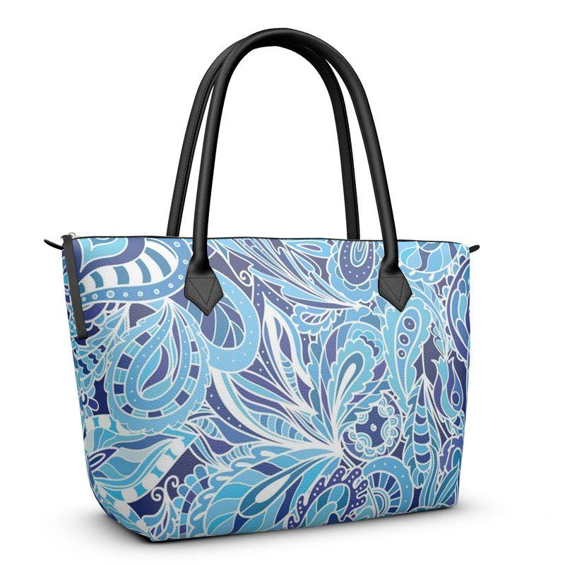 Aqui Zip Top Leather Tote Bag - Blue Abstract Paisley Print