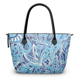 Aqui Zip Top Textured Pebble Large Leather Tote Bag - Blue Abstract Paisley Floral Print - Handmade in England - Retro Psychedelic Mandala
