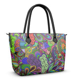 Eranas Zip Top Pebble Textured Leather Shoulder Large Tote Bag - Multicolor Dark Retro Psychedelic Abstract Paisley Print - Handmade in England