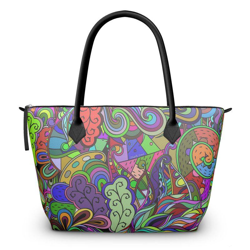 Eranas Zip Top Pebble Textured Leather Tote Bag - Multicolor Dark Retro Psychedelic Abstract Paisley Print - Handmade in England - Bold Vibrant Carry All