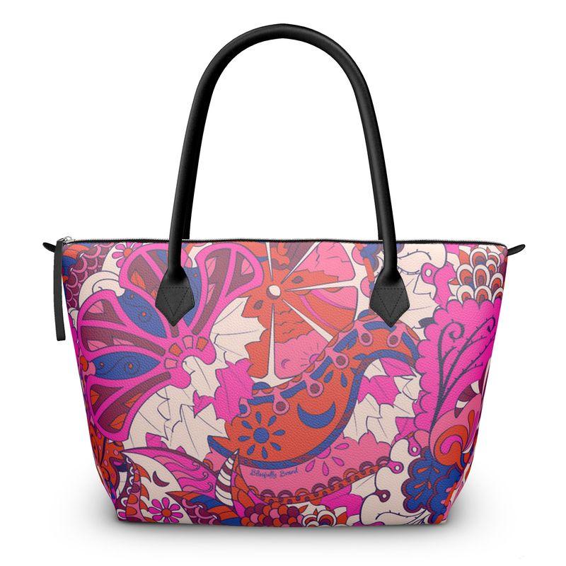 Sameria Zip Top Textured Leather Tote Bag - Red Pink Abstract Paisley Retro Psychedelic Mandala All Over Print - Handmade in England - Bold & Vibrant