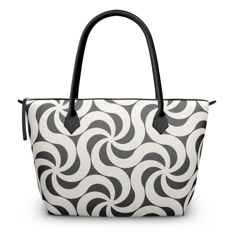 Etare Zip Top Textured Pebble Leather Tote Bag - Abstract Swirl Print - Handmade in England Black White Mod Retro Shoulder Bag