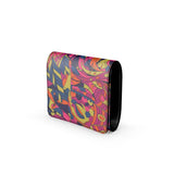 Lina Textured Leather Fold Over Wallet - Abstract Multicolor Kaleidoscope Retro Print - Button Closure - Handmade in England