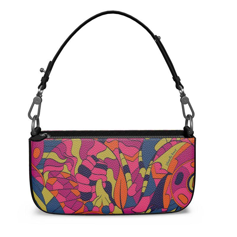 Lina Medium Textured Pebble Leather Box Hand Bag | Shoulder Bag - Zip Top - Abstract Pink Green Psychedelic Retro  Print 