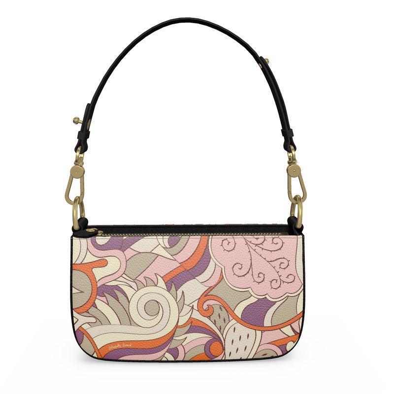 Amai Small Leather Box Shoulder | Grab Bag - Abstract Retro Psychedelic Paisley All Over Print - Handbag - Textured - Zipper - Pink Orange Violet - Handmade in England