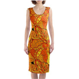 Mandra Split Leg Fitted Bodycon Midi Dress - Abstract Orange Black Paisley  All Over Print - Psychedelic - Retro - Swirls - Handmade in England - Blissfully Brand - Bold & Vibrant - Plus Size