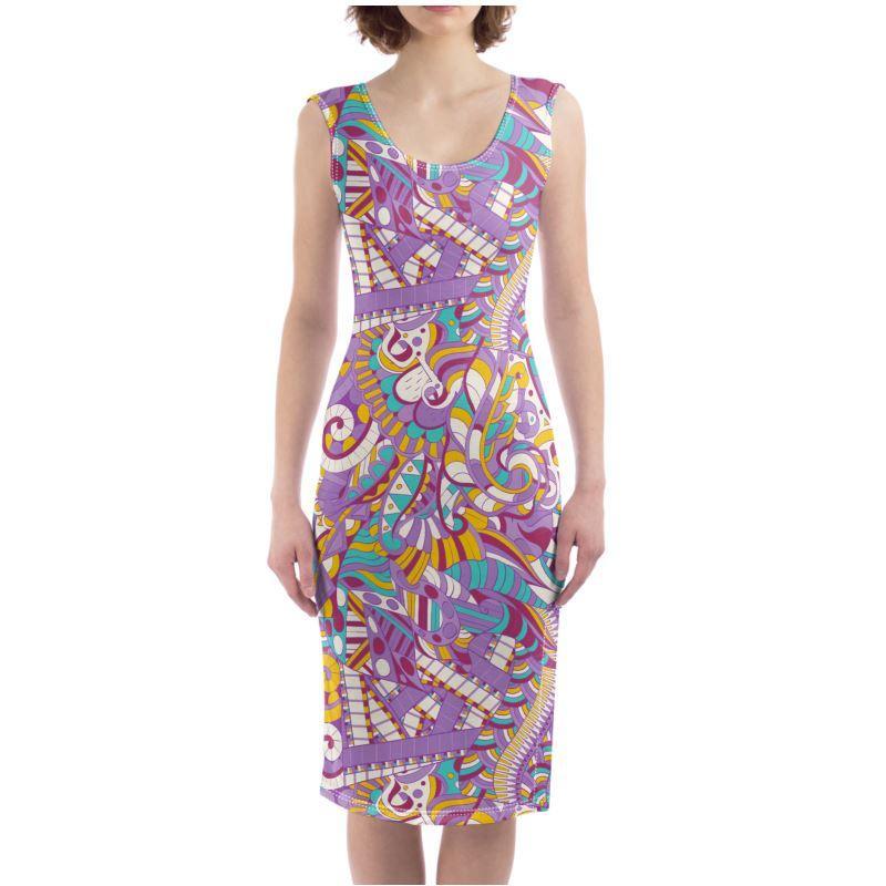 Yume Split Leg Fitted Bodycon Midi Dress - Abstract Violet Yellow Geometric All Over Print - Psychedelic - Retro - Swirls - Handmade in England - Blissfully Brand - Bold & Vibrant- Side Slit - Body Contour - Plus Size
