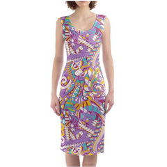 Yume Split Leg Fitted Bodycon Midi Dress - Abstract Violet Yellow Geometric All Over Print - Psychedelic - Retro - Swirls - Handmade in England - Blissfully Brand - Bold & Vibrant- Side Slit - Body Contour - Plus Size