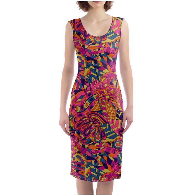 Lina Split Leg Fitted Bodycon Midi Dress - Abstract Geometric Multicolor Print - Psychedelic - Retro - Swirls - Pink Orange Blue Dark - Handmade in England - Blissfully Brand - Side Slit - Body Contour - Plus Size