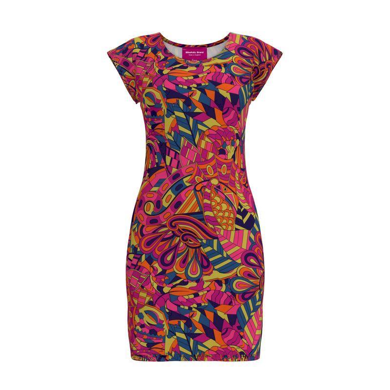 Lina Mini Tunic T-shirt Dress - Jersey & Velour - Abstract All Over Geometric Print - Retro - Psychedelic - Boho - Dark Multicolor - Handmade in England - Blissfully Brand