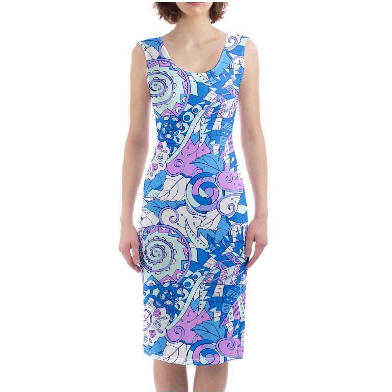 Imi Split Leg Fitted Bodycon Midi Dress - Abstract Blue Violet Paisley  All Over Print - Psychedelic - Retro - Swirls - Handmade in England - Blissfully Brand - Bold & Vibrant- Side Slit - Body Contour - Plus Size