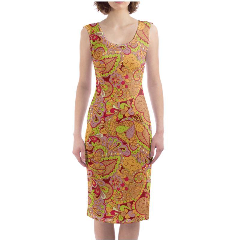 Popsica Split Leg Fitted Bodycon Midi Dress - Abstract Pink Orange Paisley  All Over Print - Psychedelic - Retro - Swirls - Handmade in England - Blissfully Brand - Bold & Vibrant- Side Slit - Body Contour - Plus Size