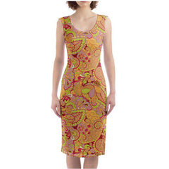 Popsica Split Leg Fitted Bodycon Midi Dress - Abstract Pink Orange Paisley  All Over Print - Psychedelic - Retro - Swirls - Handmade in England - Blissfully Brand - Bold & Vibrant- Side Slit - Body Contour - Plus Size