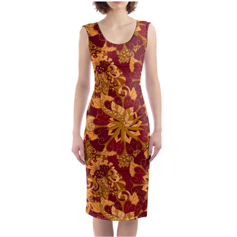 Fitted Dress Abstract Paisley Floral Print - Red & Orange - Contour Bodycon Midi Dress - Boho Retro Psychedelic Robust Bold - Plus Size