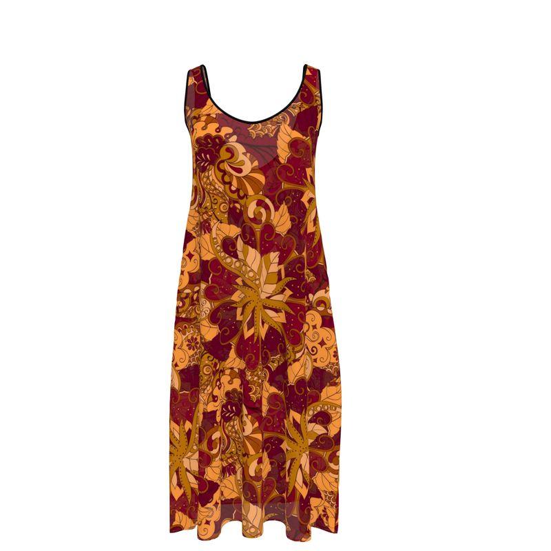 Midi Tank Top Dress Round Neck Crepe - Boho Retro Psychedelic Abstract Paisley Floral Print - Red Orange