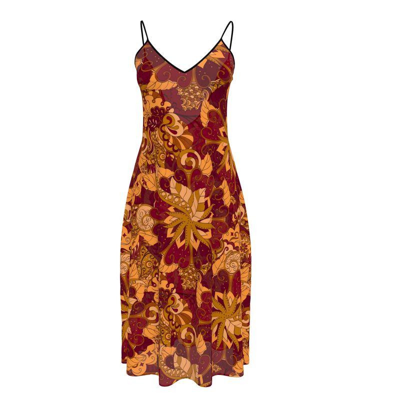 Midi Strap Dress V-neck Crepe - Boho Retro Psychedelic Abstract Paisley Floral Print - Red Orange - Plus Size