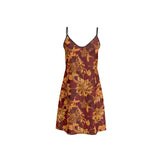 Mini Slip Dress V-neck Satin Crepe Silk - Boho Retro Psychedelic Abstract Paisley Floral Print - Red Orange