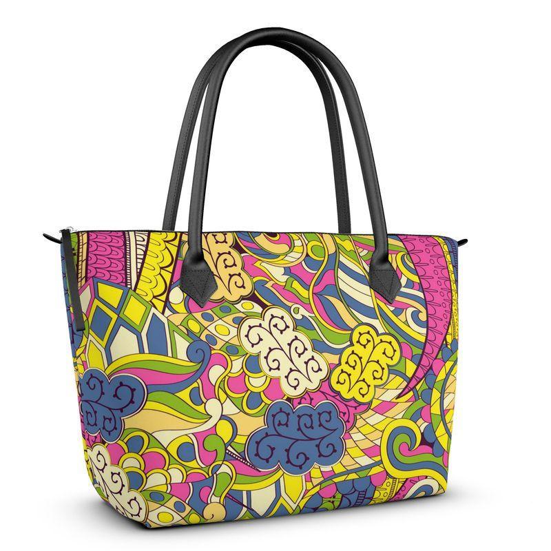 Suki Zip Top Large Satin Day Tote Bag - Abstract Paisley Print Psychedelic Retro Pink Yellow Kaleidoscopic Wild Multicolor Tote Handbag