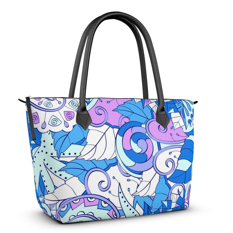 Imi Zip Top Large Satin Day Tote Bag - Abstract Paisley Print Psychedelic Retro Blue Violet Kaleidoscopic Wild Multicolor Tote Handbag Carry All